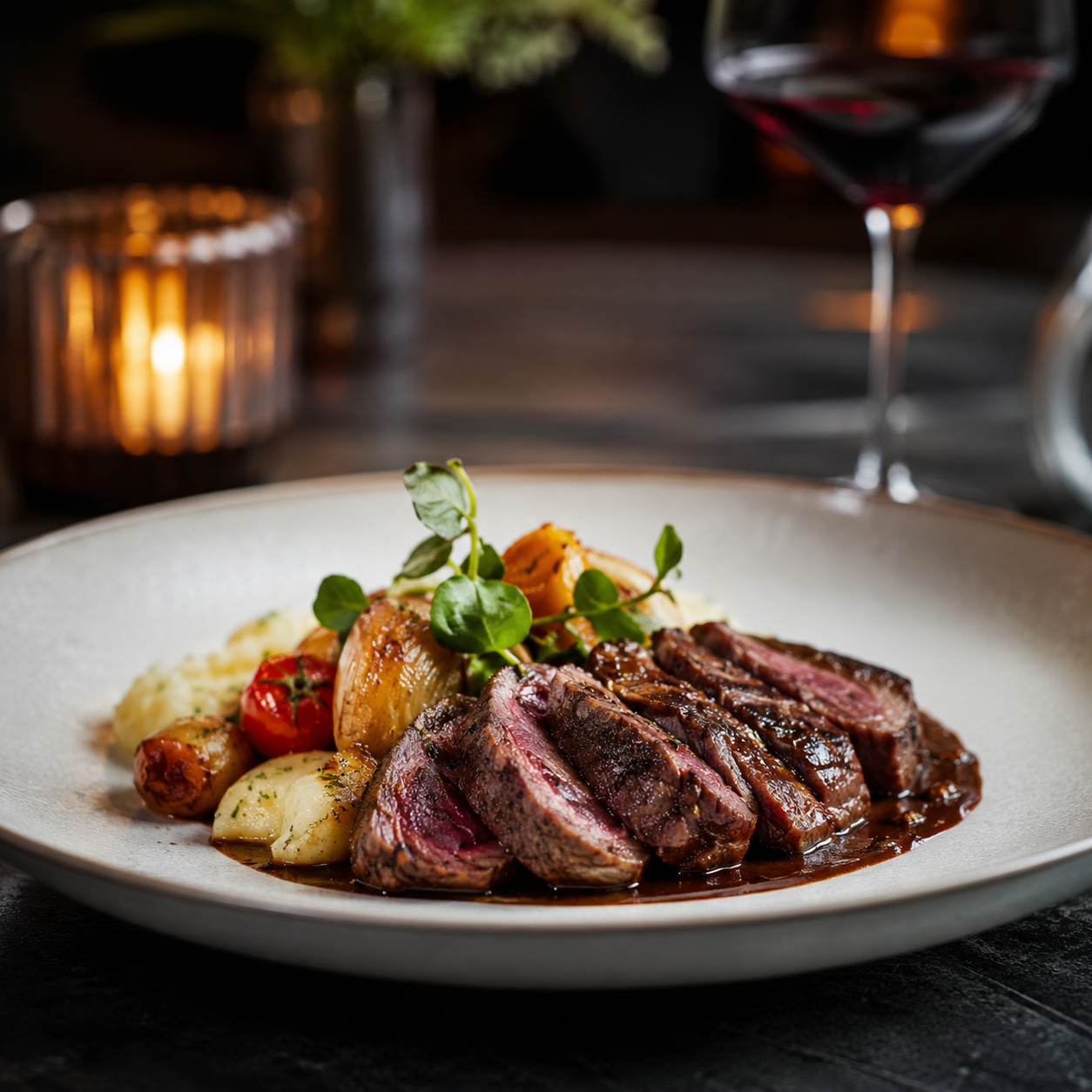 Steak medium rare s pečenými zemiakmi a pohárom červeného vína