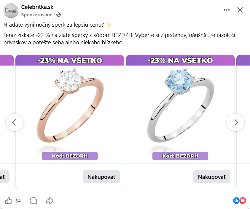 Celebritka.sk — Meta Ads kampaň so zľavovým kódom BEZDPH (-23 % na šperky)