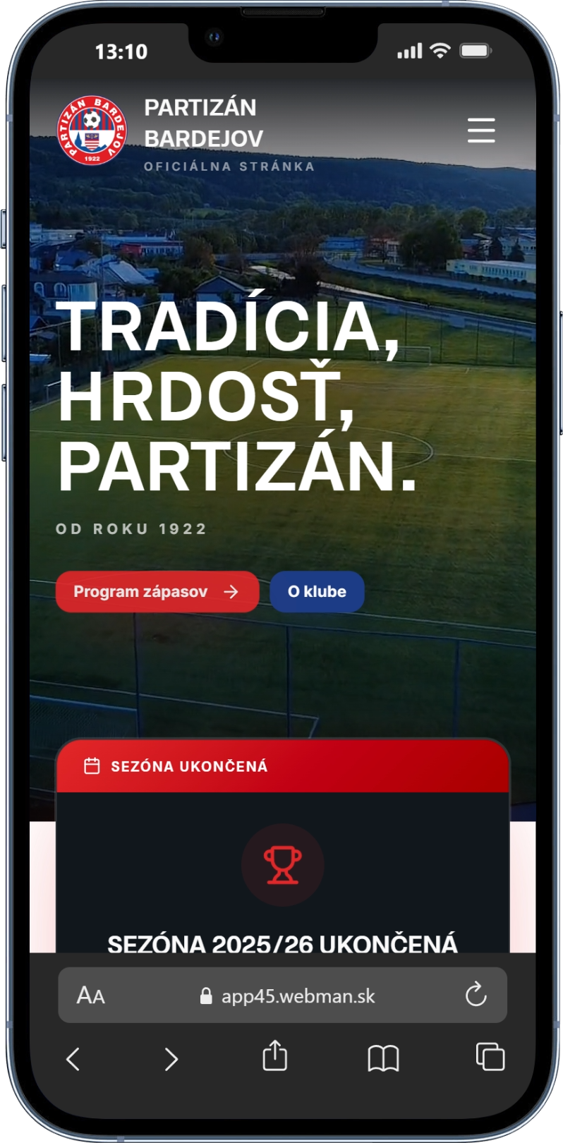 Partizán Bardejov — mobilná verzia webu na iPhone