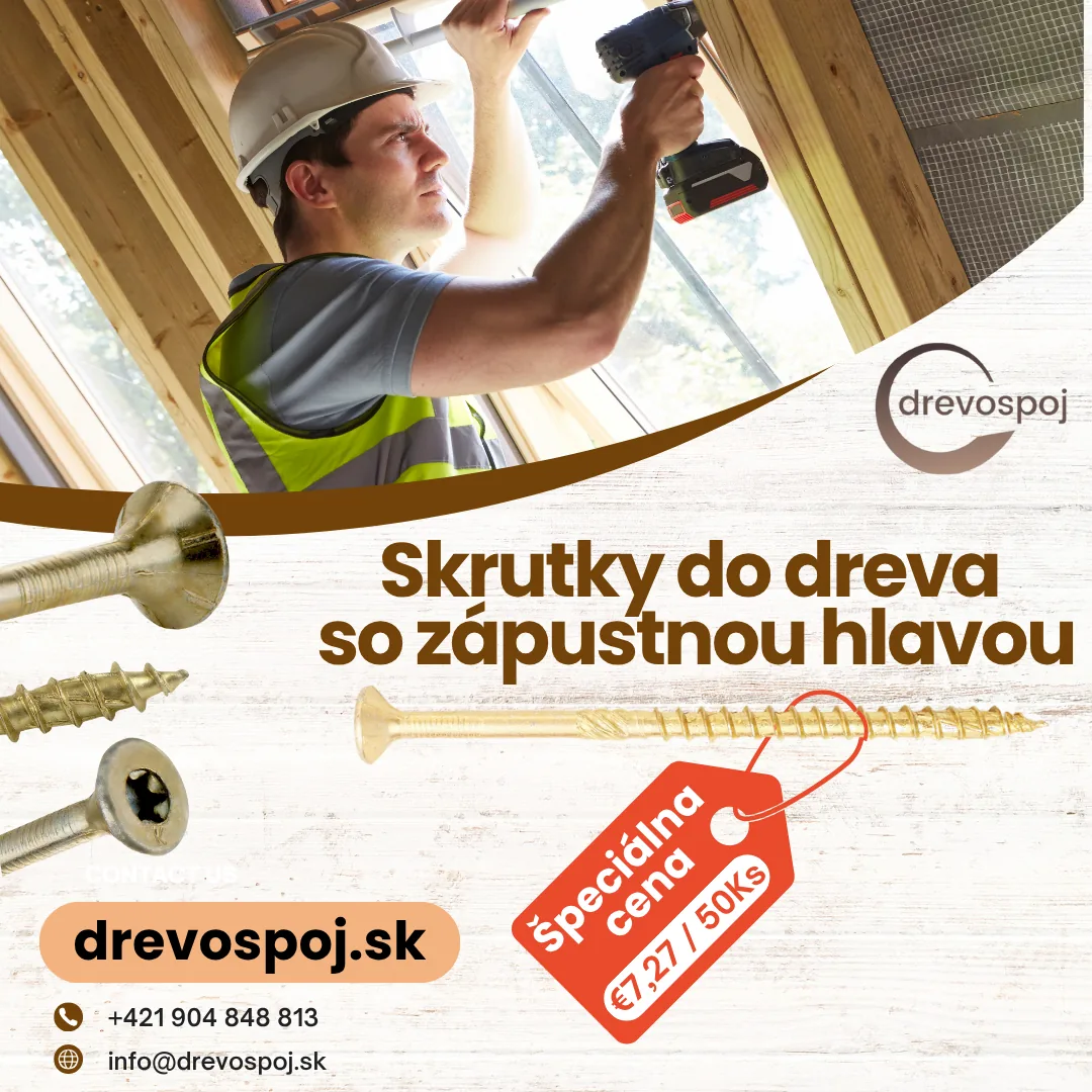 Drevospoj.sk reklama — Skrutky do dreva so zápustnou hlavou, špeciálna cena