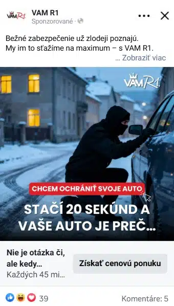VAM R1® reklama na Facebooku — Stačí 20 sekúnd a vaše auto je preč