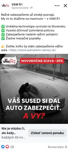VAM R1® reklama na Facebooku — Váš sused si dal auto zabezpečiť. A vy? (novoročná zľava -20 %)
