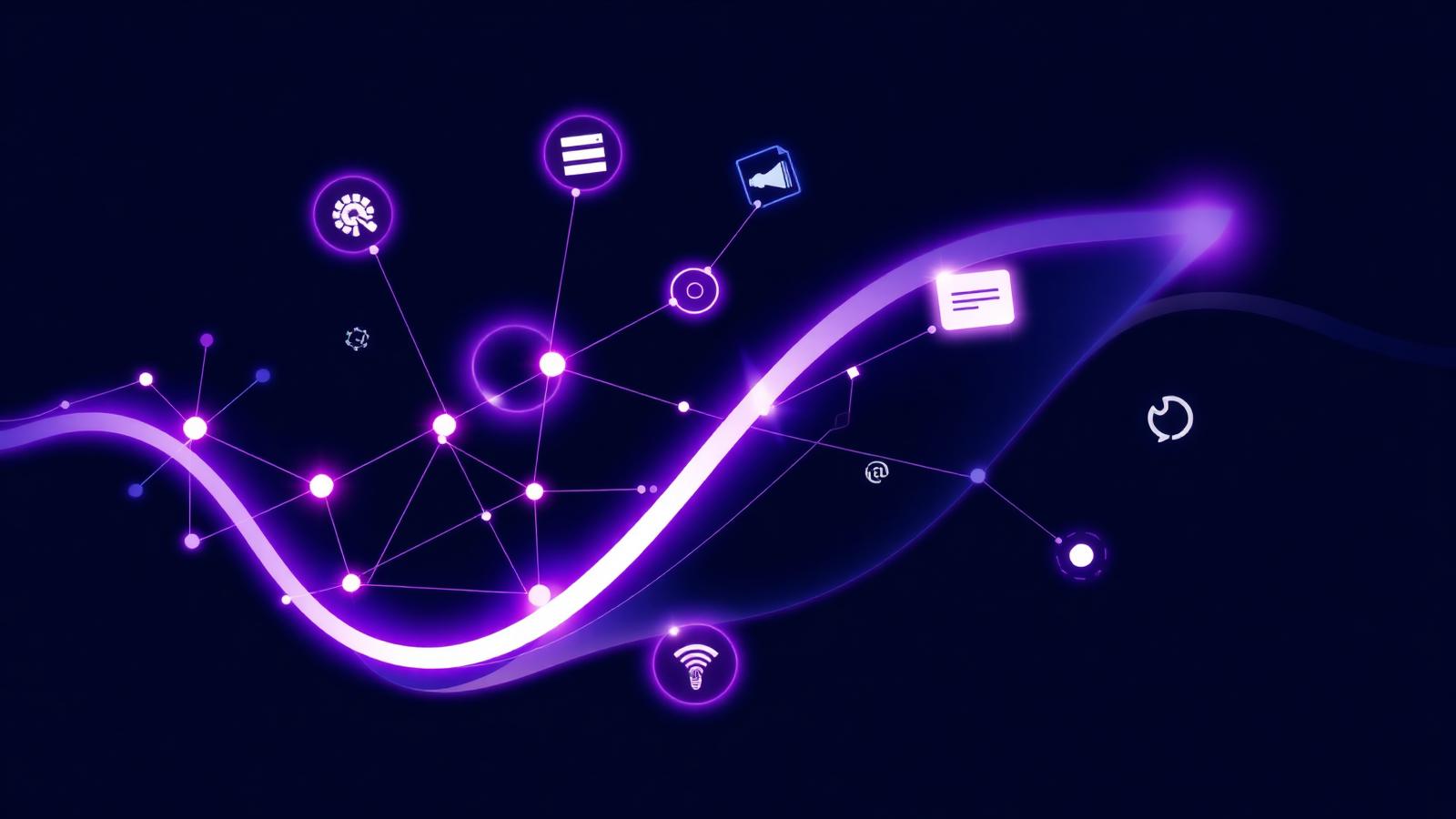 Ilustrácia GEO optimalizácie — AI neurónová sieť a vyhľadávacie ikony na fialovom pozadí