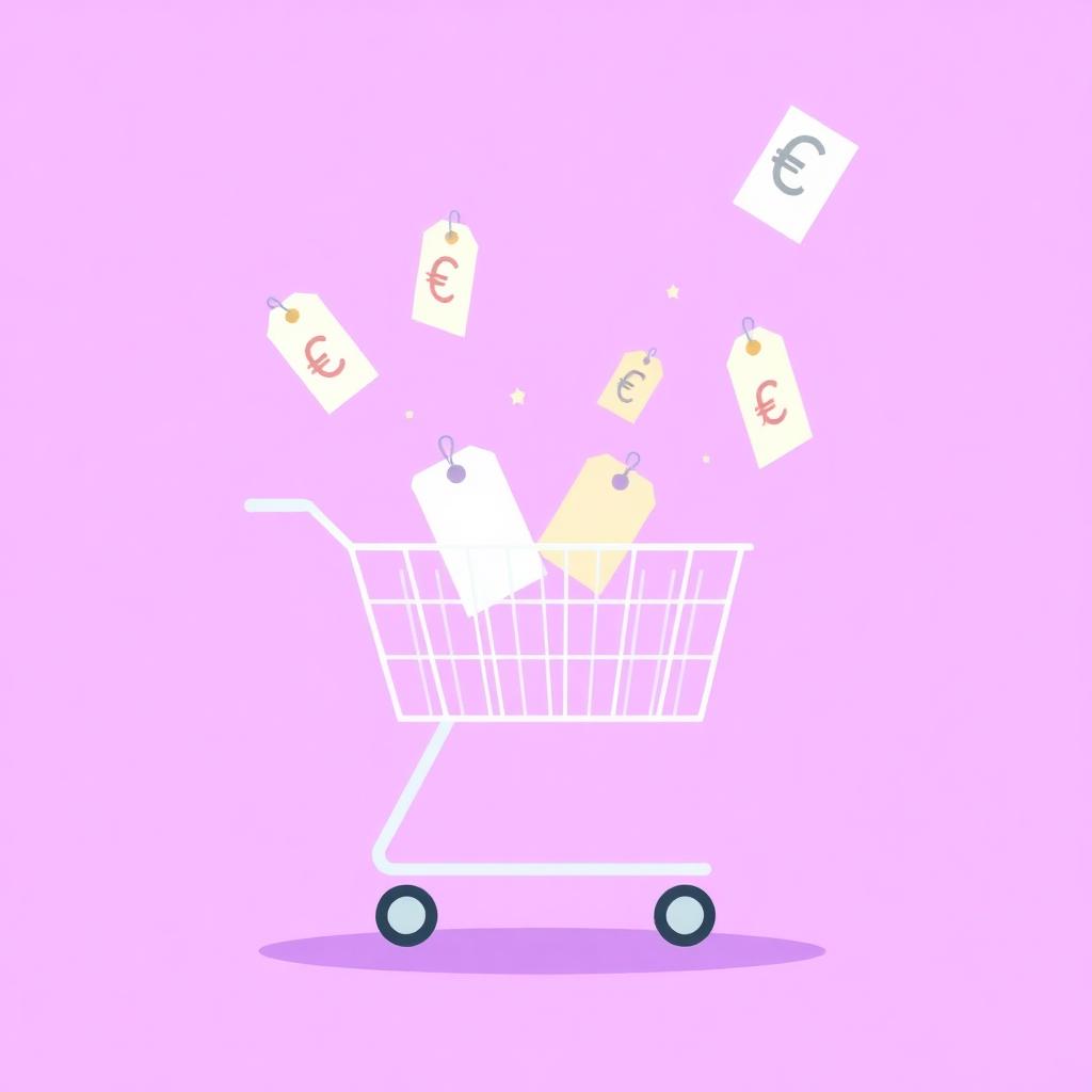 Ilustrácia ceny vytvorenia eshopu — nákupný vozík s cenovkami na fialovom pozadí